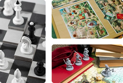Kolaż z klasycznej gry w szachy, kolorowej gry strategicznej, która jest rozgrywana, oraz miniaturek do gier fabularnych z kostkami i kartami używanymi w fantastycznych sesjach RPG.