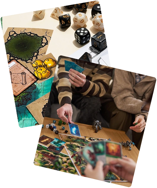 Kolaż z gry fabularnej na stole z kartami fantasy, wielościennymi kostkami oraz graczami używającymi kart i miniaturek podczas strategicznej gry planszowej.
